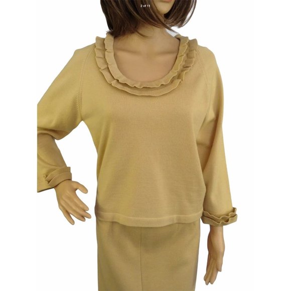 By Damon Vintage Skirt Sweater Set 10 Yellow 100% Wool Midi Pencil Ruffle Italy - Picture 5 of 11